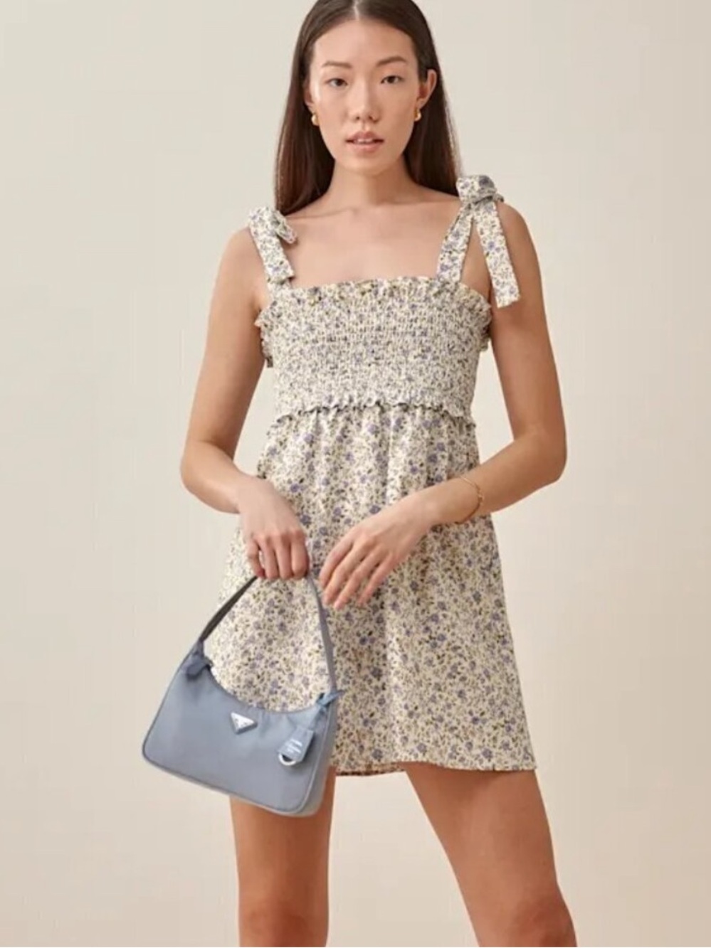 Reformation Dawson Floral Linen Smocked Mini Dress Size XS